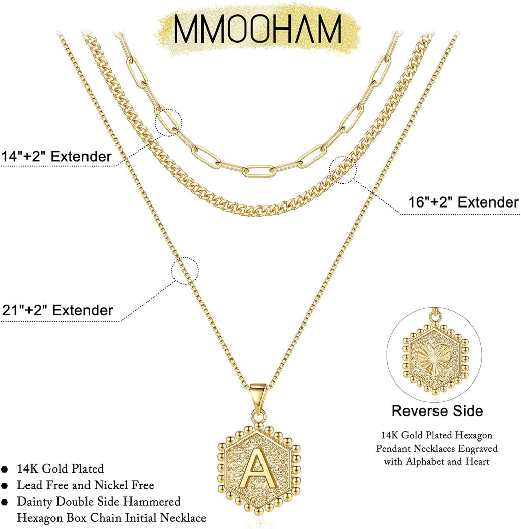 MOOHAM 14K Gold Plated Layered Initial Necklace with Paperclip Chain for Women