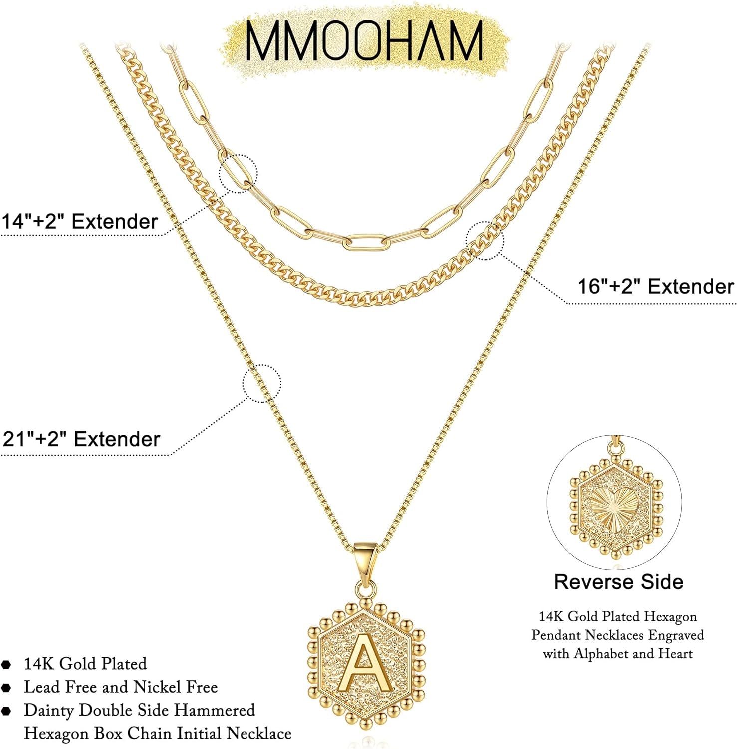 MOOHAM 14K Gold Plated Layered Initial Necklace with Paperclip Chain for Women