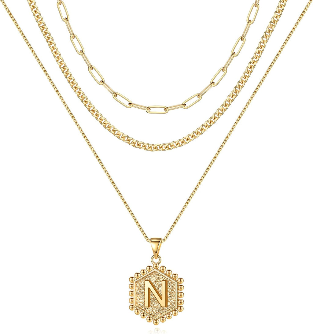 MOOHAM 14K Gold Plated Layered Initial Necklace with Paperclip Chain for Women