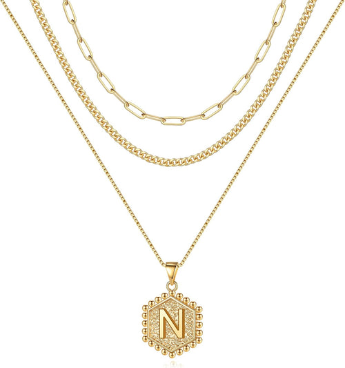 MOOHAM 14K Gold Plated Layered Initial Necklace with Paperclip Chain for Women