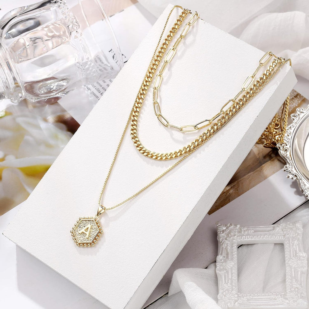 MOOHAM 14K Gold Plated Layered Initial Necklace with Paperclip Chain for Women