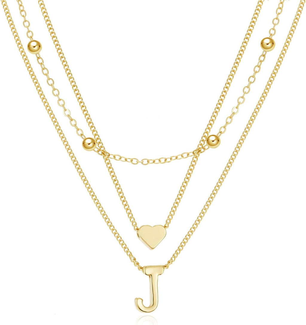 Elegant Gold Layered Initial Necklace for Women with Heart Bead Pendant 