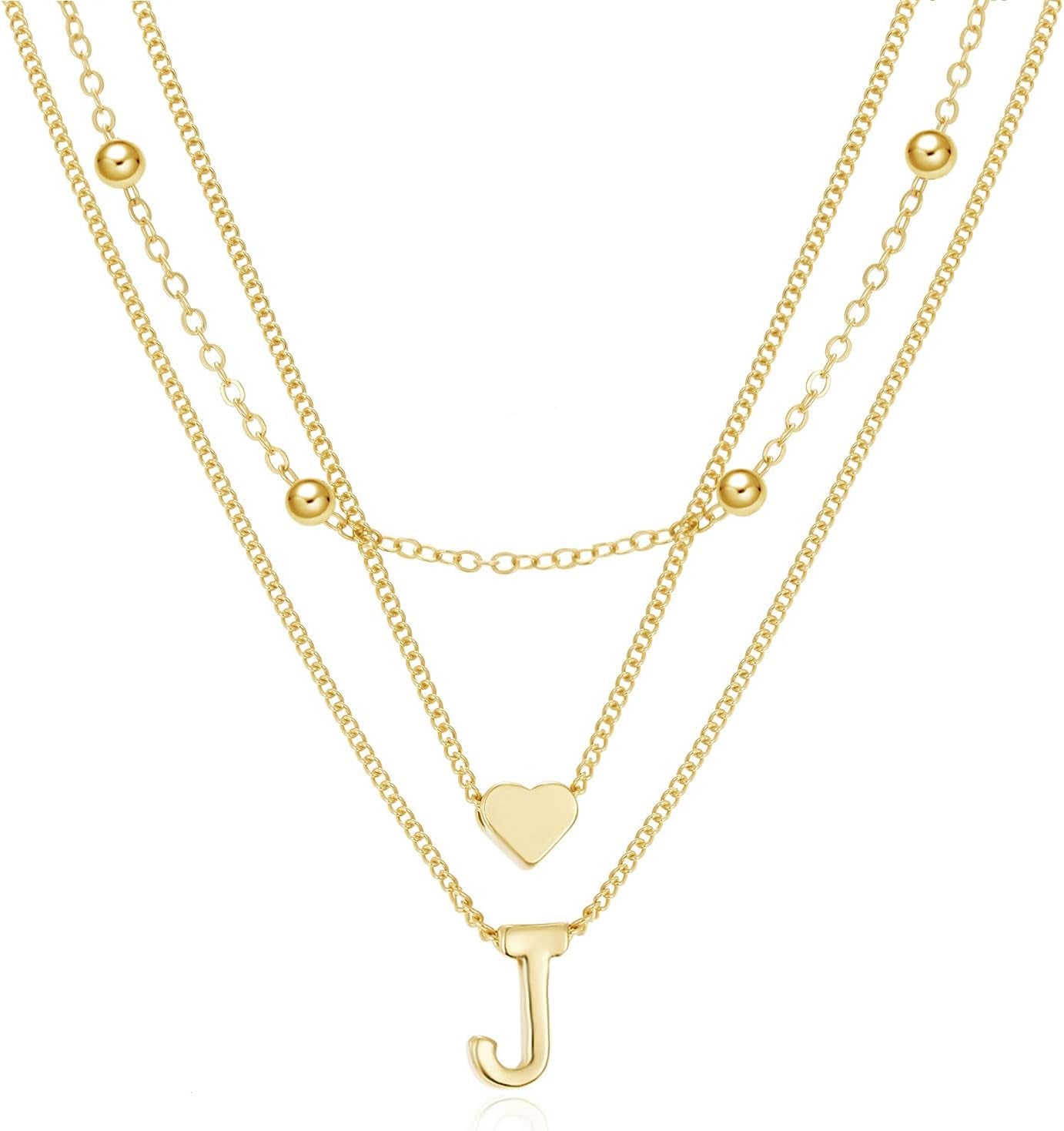 Elegant Gold Layered Initial Necklace for Women with Heart Bead Pendant 
