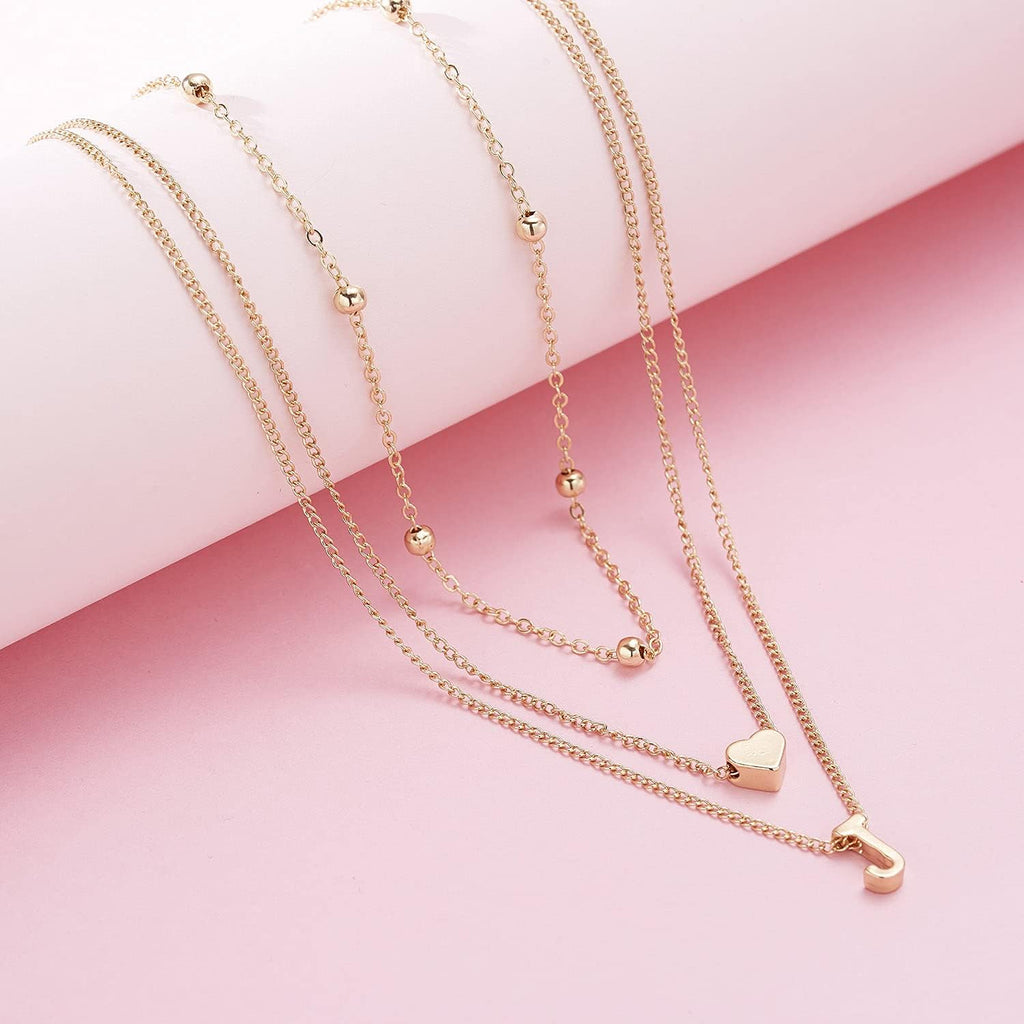 Elegant Gold Layered Initial Necklace for Women with Heart Bead Pendant 