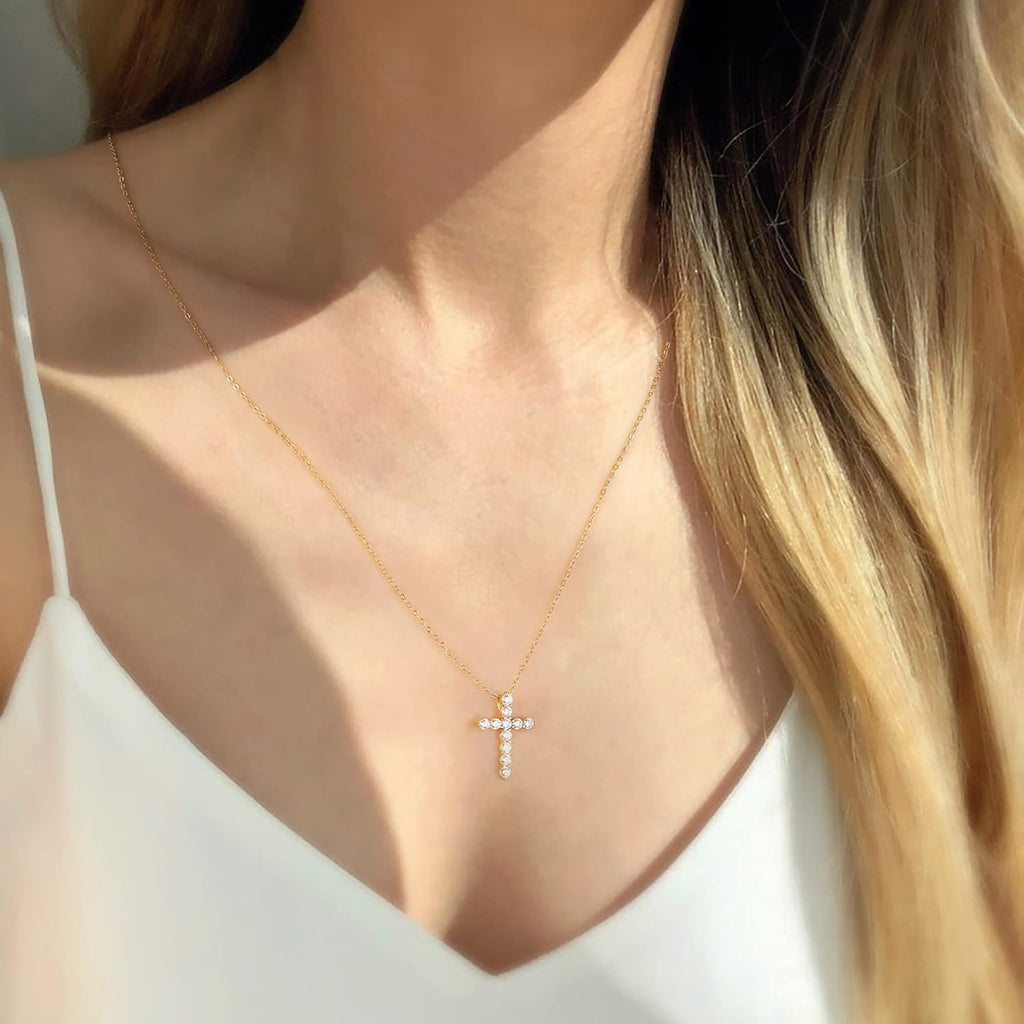 14K Gold Plated Sterling Silver Cross Necklace for Women 
